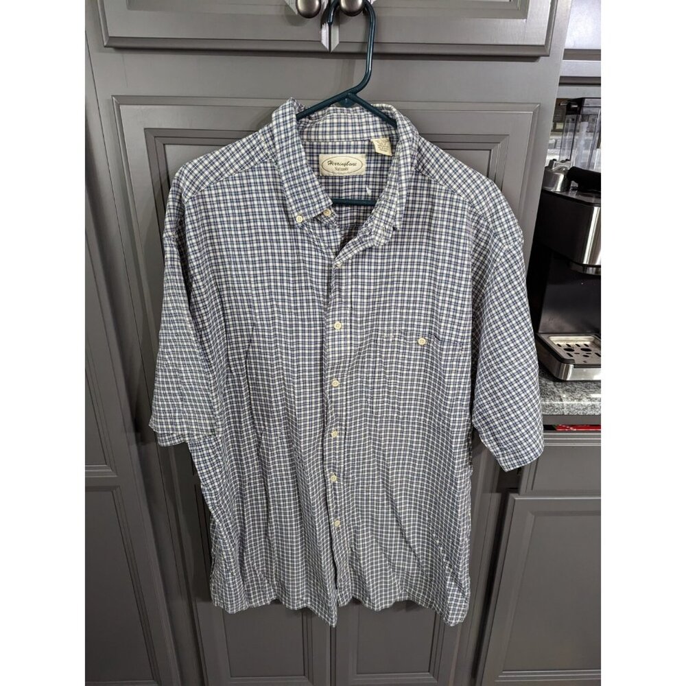 Herringbone Naturals Men Button Up Shirt 2XL Blue Plaid Short Sleeve Cotton